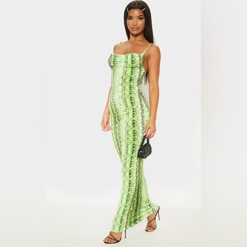 PrettyLittleThing Neon Lime Cowl Neck Snake Print Maxi Dress – Size US 10